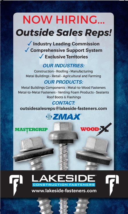 Find sales reps and opportunities for Metal Building Components, Meta-to-Wood Fasterners, Metal-to-Metal Fasteners, Venting Foam Products, Sealants, Roof Boots & Flashings for Construction, Roofing, Manufacturing, Metal Buildings, Retail, Agricultural and Farming