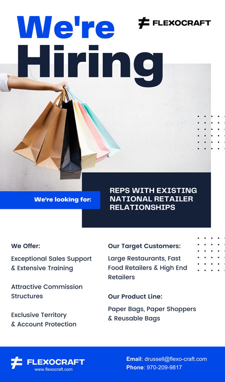Find sales reps and opportunities for Flexocraft paper bags, paper shoppers, reusable bags for large restaurants, fast food retailes and high end retailers