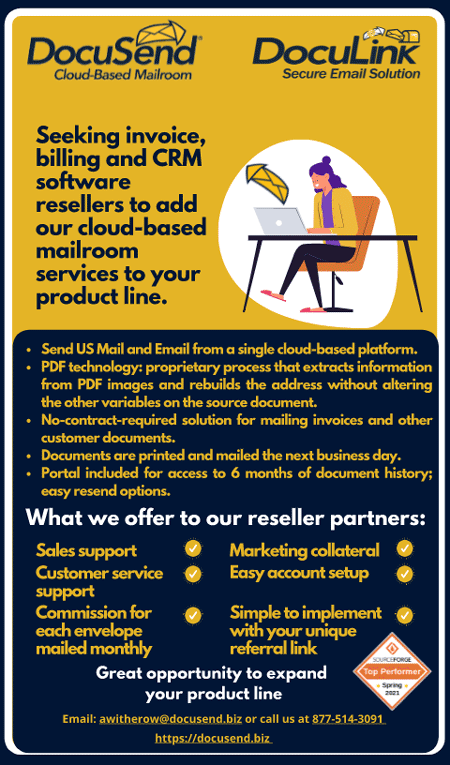 DocuSend Cloud-Based Mailroom DocuLink Secure Email Solution for invoice, billing and CRM resellers to add our cloud-based mailroom services to your product line.
