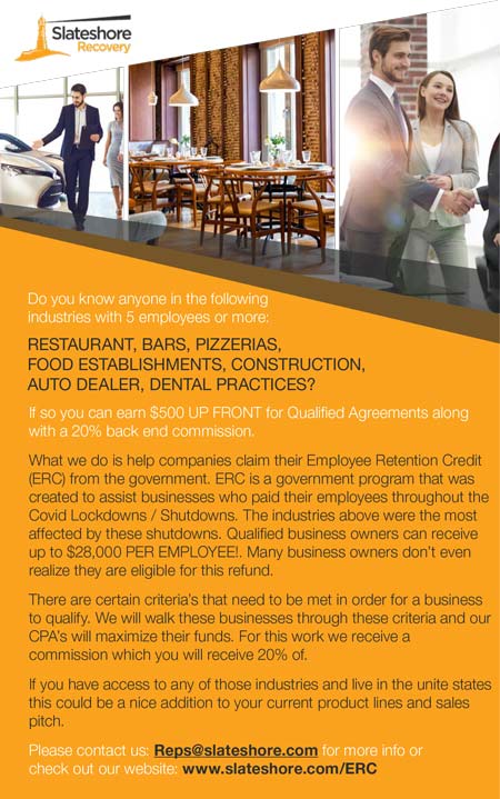 Slateshore Recovery helps companies claim their Employee Retention Credit (ERC). Restaurant, Bars, Pizzerias, Food Establishments, Construction, Auto Dealers, Dental Practices
