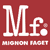 Mignon Faget Logo with Mf. white on maroon block
